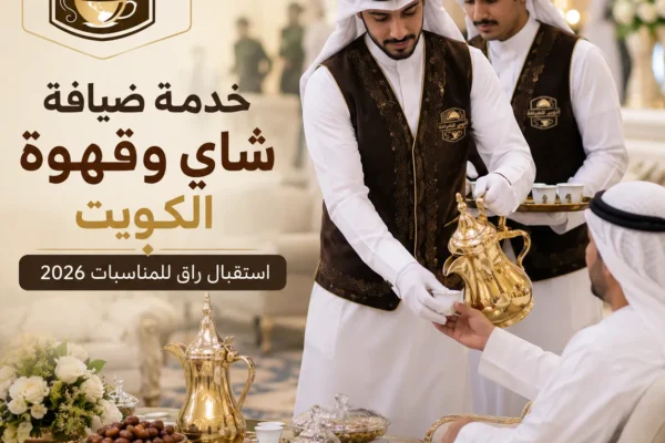 فريق ضيافة كويتي يقدم الشاي والقهوة العربية داخل مناسبة فاخرة في الكويت مع خدمات استقبال احترافية للمناسبات والحفلات.